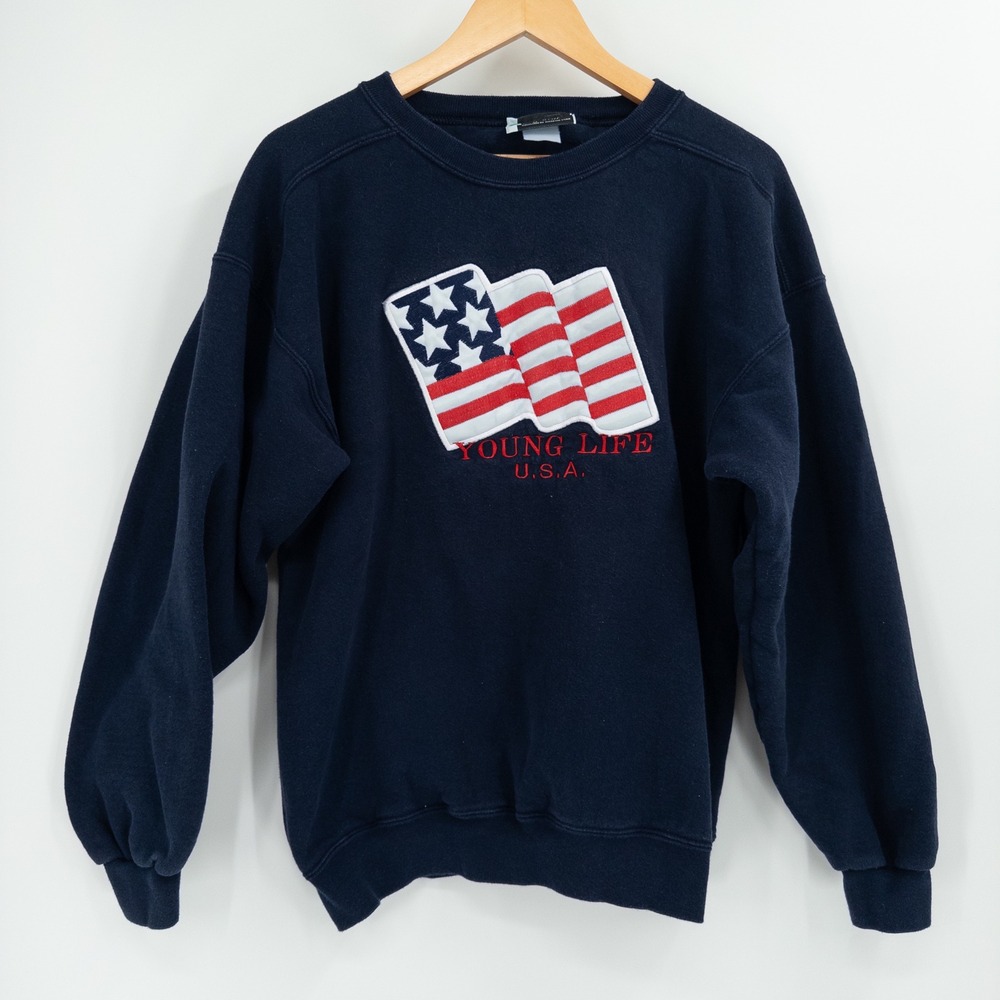 Vintage 90s Young Life Sweatshirt Mens XL Christian Navy Blue USA Flag Americana